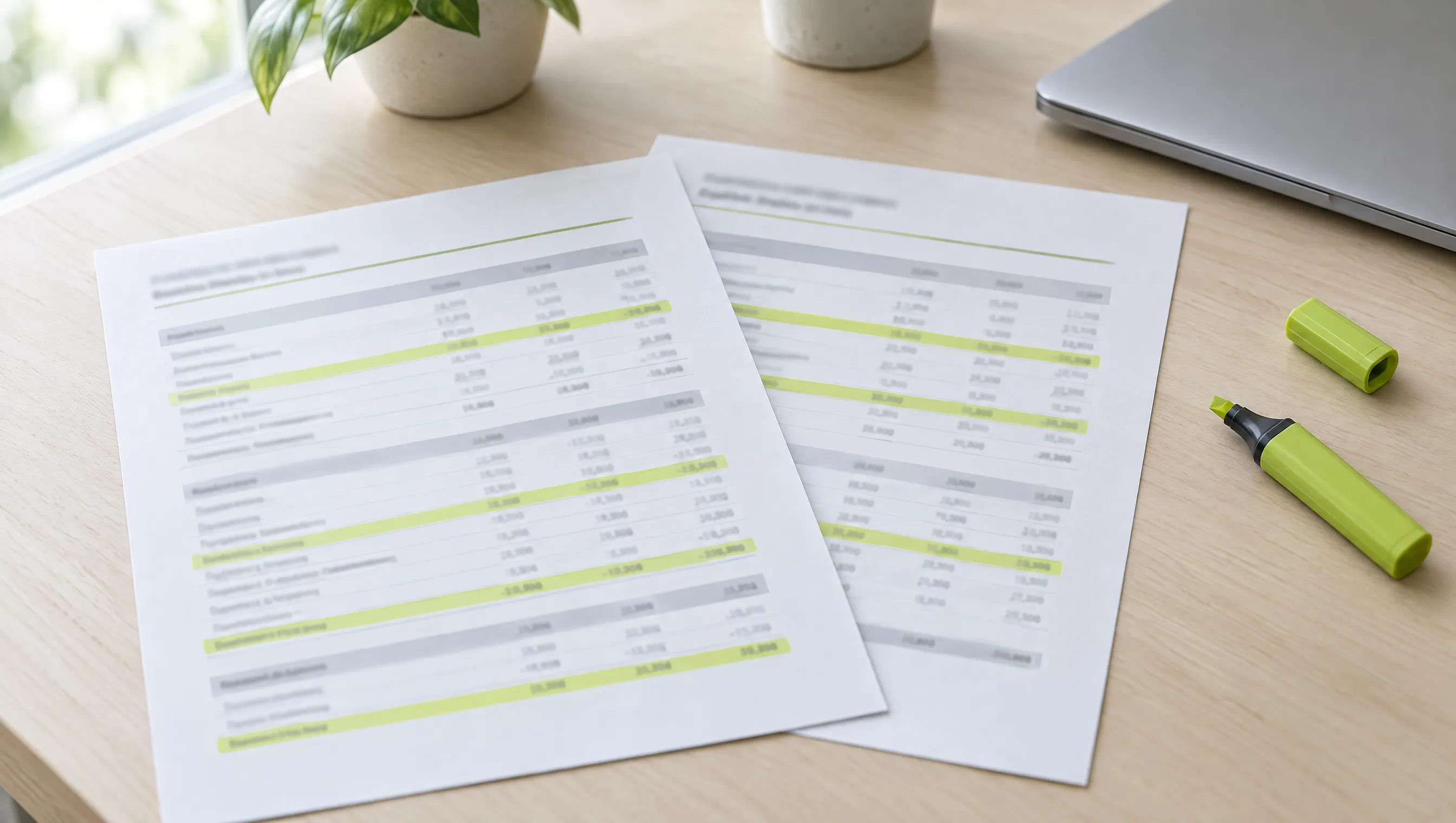 Deux pages de compte de résultat posées sur un comptoir, cinq lignes surlignées en vert, un surligneur à côté.